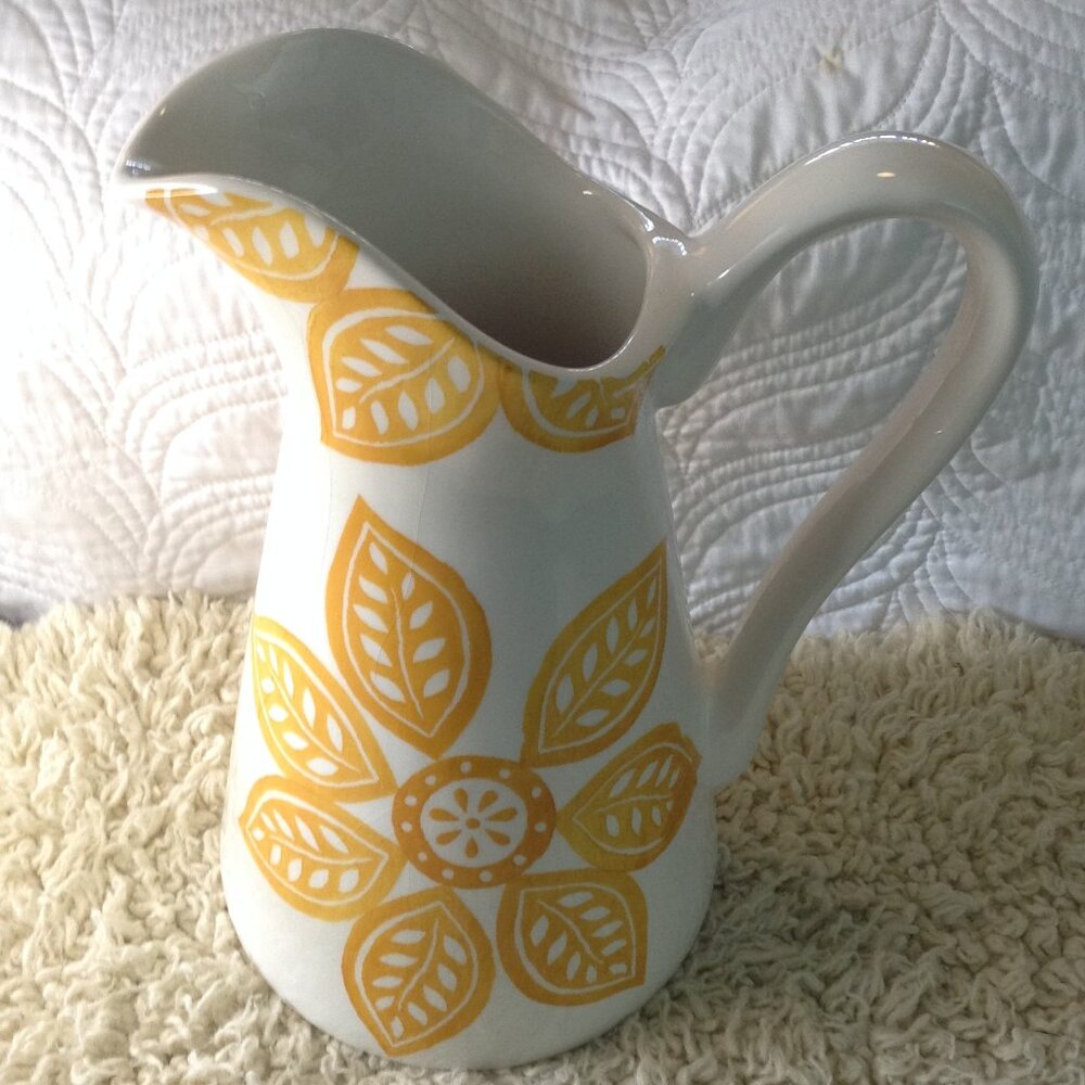 NWOT Farval Large Hand painted Ceramic Pitcher; Portugal Collectible, Sunflowers